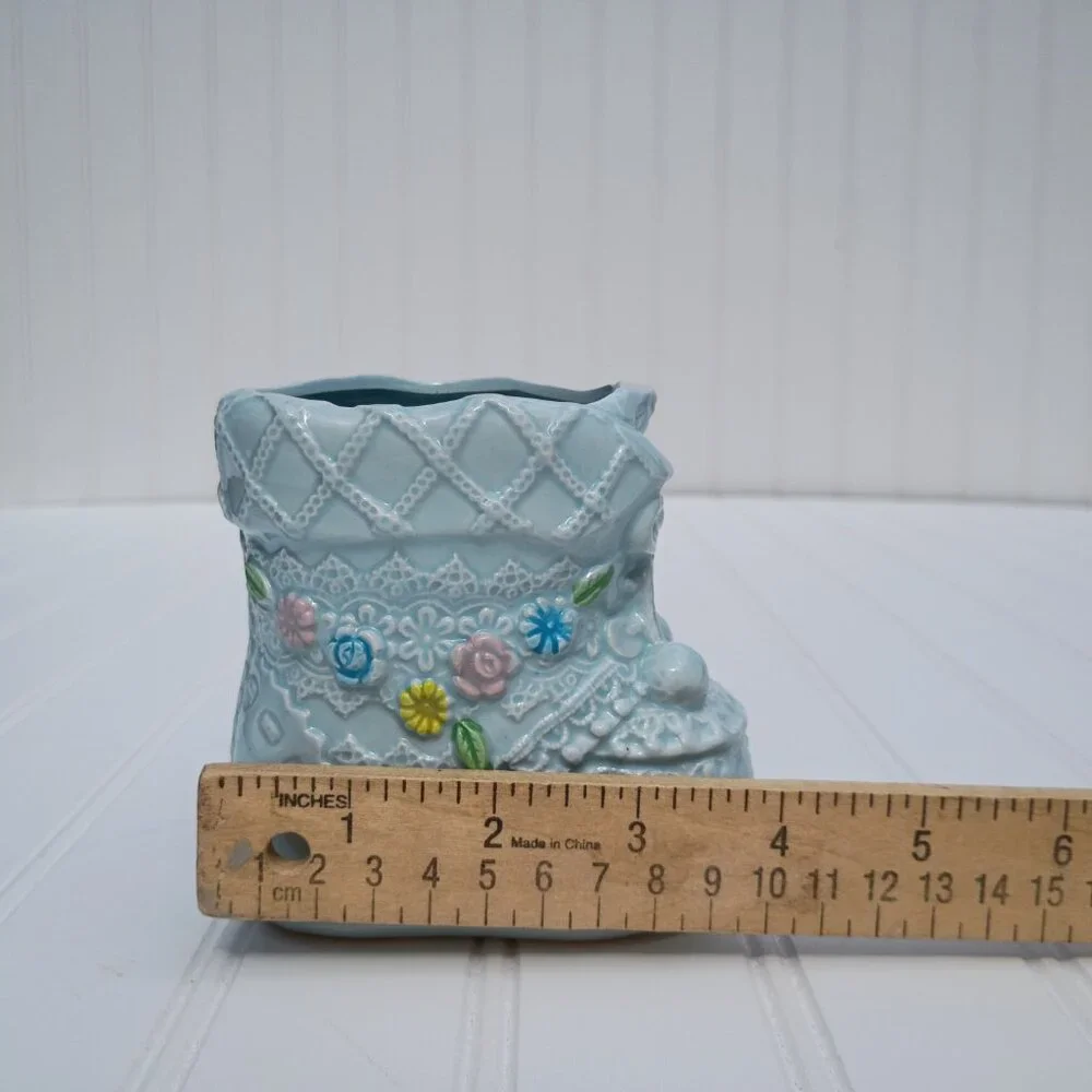 Napco Japan Vintage Baby Bootie Planter Blue Ceramic Laced Flower Mid-Century 4